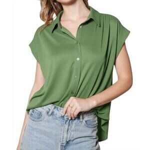 NEW CES FEMME easy and elevated roll up short sleeve basic collared top in kiwi